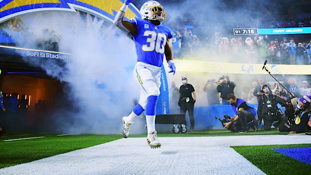 Dec 16, 2021; Inglewood, California, USA; Los Angeles Chargers running back Austin Ekeler (30) is introduced before playing against the Kansas City Chiefs at SoFi Stadium. Mandatory Credit: Gary A. Vasquez-USA TODAY Sports